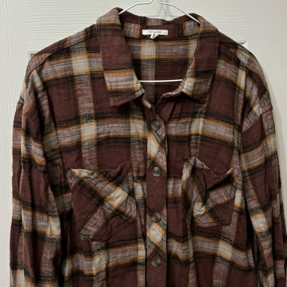 Maurices Cabin Plaid Brown Oversized Flannel Button Down Shirt Womens Size Large - Picture 3 of 8